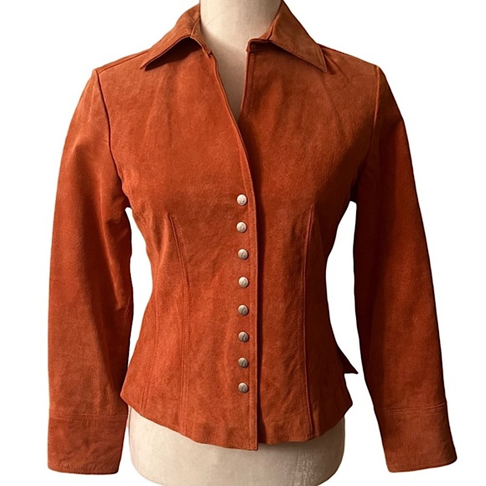 Vintage Live a Little Orange Suede Leather Jacket PP Small Petite Snap Front EUC